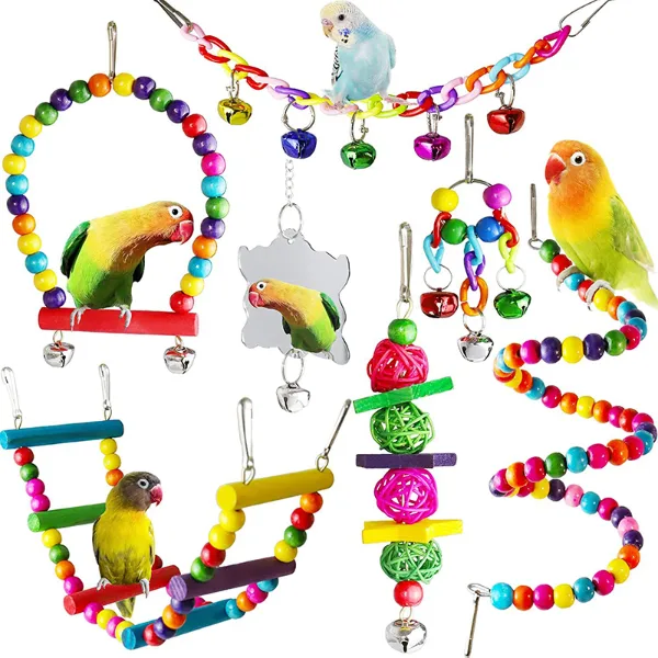 7pcs Pack Wood Parrot Toys Bird Toy Cage Bird Accessories  Swing Suspension Bridge Ball Cage Bells Pet Supplie