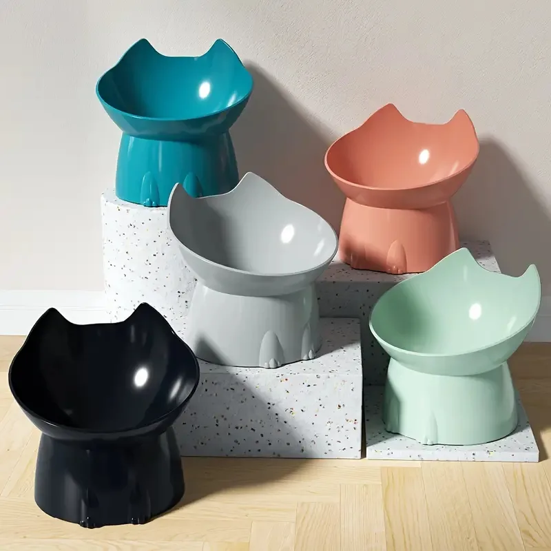 1pc WhiskerWare Elevated Cat Bowl, Anti-Tip Plastic Raised Pet Feeding Dish with Tilted Edge, Neck Protection