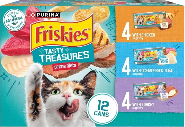 Purina Friskies Wet Cat Food Variety Pack, Tasty Treasures Prime Filets (With Ocean Fish and Tuna, With Chicke