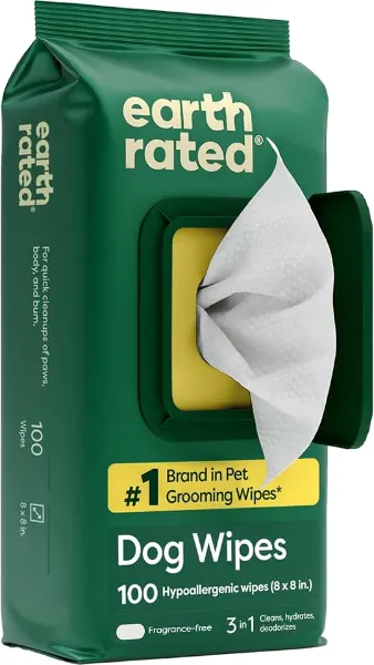 Earth Rated Pet Wipes for Dogs and Cats, Hypoallergenic, 3-in-1 Cleaning, Deodorizing and Hydrating, for Groom